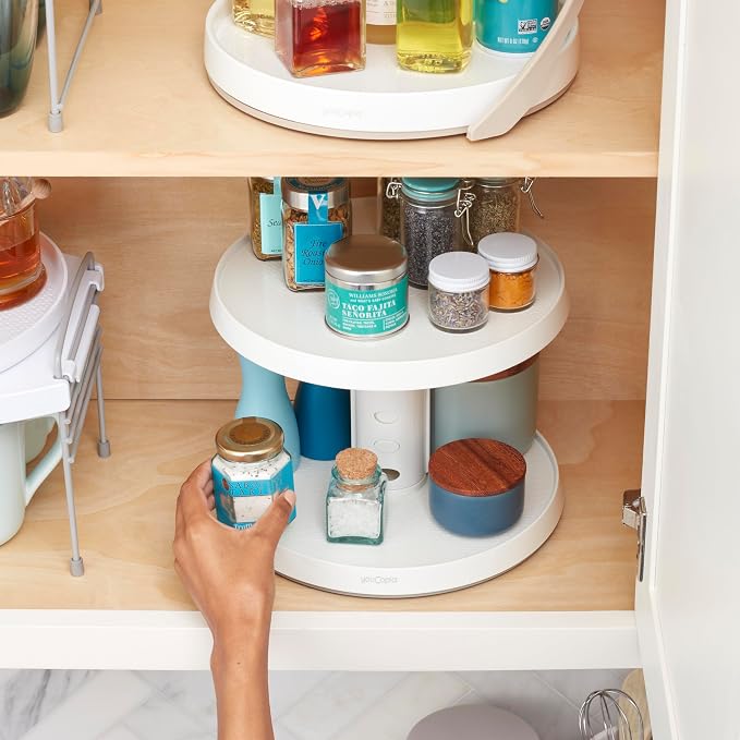 YouCopia Crazy Susan Two-Tier Turntable, Height-Adjustable Lazy Susan Organizer for Kitchen Cabinet and Pantry Organization and Storage, White - Image 7