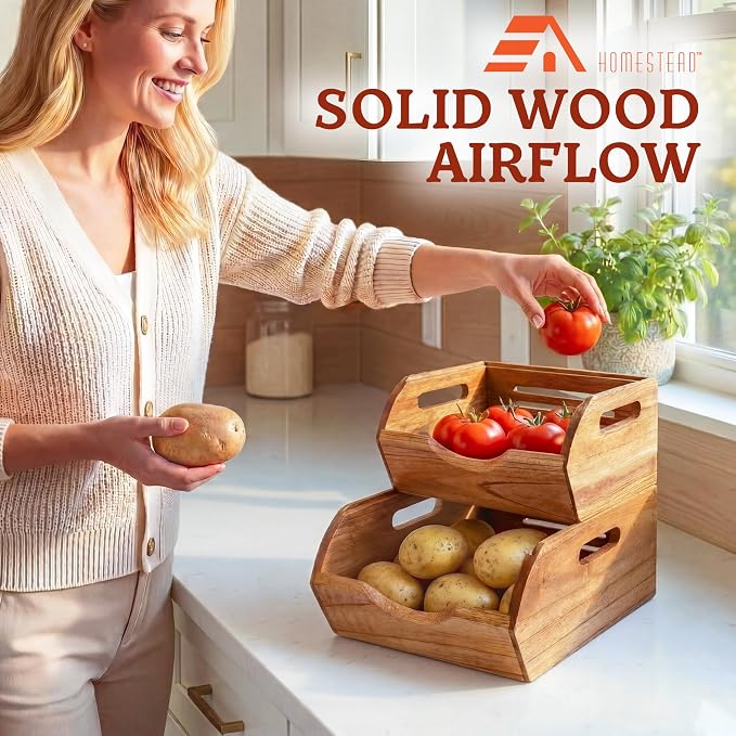 HOMESTEAD Stackable Wood Storage Bin, Ventilated Potato and Onion Storage Organizer with Handles, Wooden Pantry Organizer Bins for Fruit, Vegetables, Potatoes and Onions Storage, Natural - Image 2