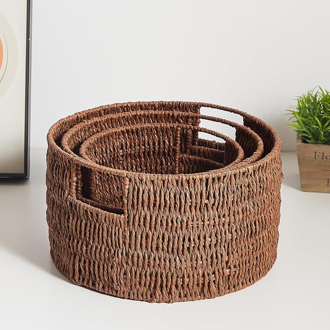 Wicker Storage Basket, Hand-Woven Paper Rope Large Round Woven Basket With Handles, Wicker Baskets for Organizing/Storage, Brown, 3-Pack - Image 5