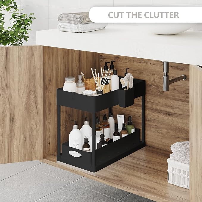 Under Sink Organizers and Storage, Bathroom Cabinet Organizer, Sink Shelf with Utility Hooks and Side Caddy for Under Cabinet Storage | Under Kitchen Sink Organizer with Sliding Drawer, Black (1-Pack) - Image 2
