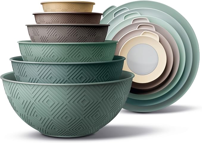 COOK WITH COLOR Mixing Bowls with Lids - 12 Piece Plastic Nesting Bowls Set includes 6 Prep Bowls and 6 Lids, Microwave Safe Mixing Bowl Set, Mint Rhombus by CookwithColor