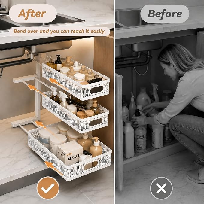3-Tier Under Sink Organizer 2-Pack Organization for Bathroom Kitchen,White | Thickened Metal Pull Out Cabinet Shelf Height Adjustable Slide Out Drawer Storage Rack for Pantry Laundry Home Office - Image 5