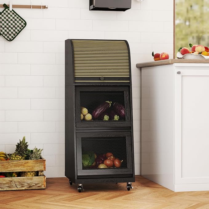 Movable Potato Storage Bins, Fruit Vegetable Basket, Kitchen Pantry Cabinet | Potato and Onion Storage Bin, for Bread, Mid Century Modern, Wooden, with Sliding Door and Wheels, Flip top, 3 Tier, Black - Image 3