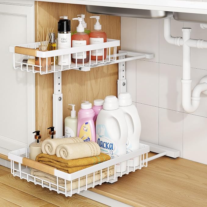 PXRACK Under Sink Organizer, Adjustable Height, 2 Tier Pull Out Under Cabinet Organizer, Slide Out Thickened Metal Under Sink Storage for Kitchen Bathroom Laundry Pantry Cabinet, White, Large-2-Pack - Image 9