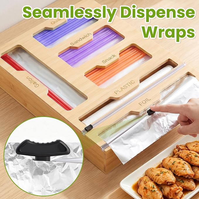 6-in-1 Magnetic Food Bag Storage Organizer for Drawer and Refrigerator, Bamboo Bag Organizer and Plastic Wrap Dispenser with Cutter, Fits Gallon, Quart, Sandwich, Snack Bags - Image 4