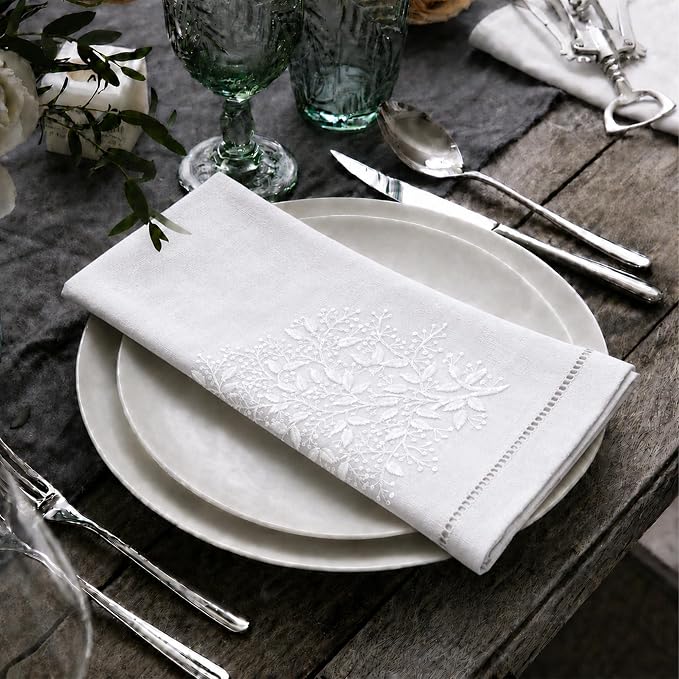 Cloth Napkins Set of 4, 20x20 inch, 100% Linen Hand Embroidered French Knot, Reusable & Machine Washable, Elegant Table Napkins for Dinner, Weddings, Parties (White) - Image 4