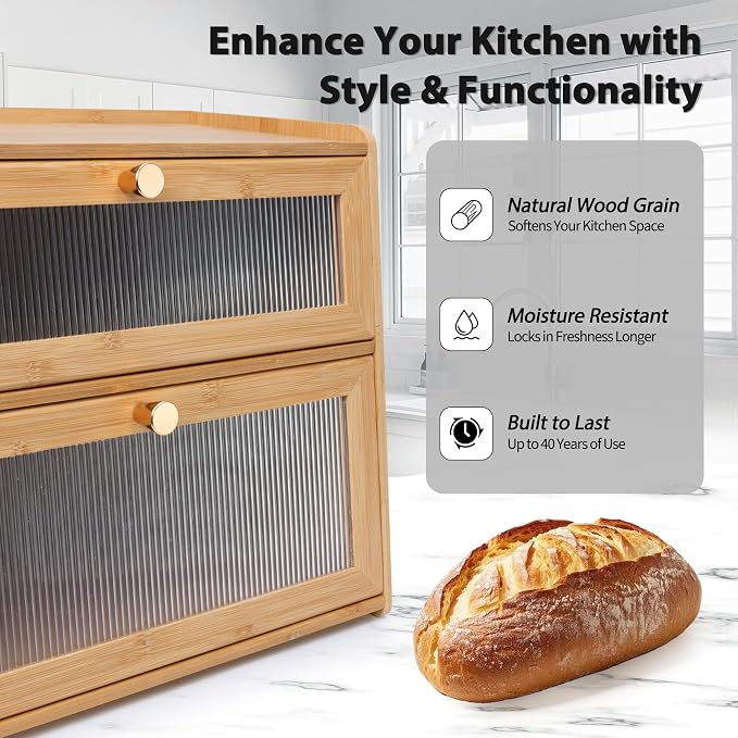 Bamboo Bread Box with golden knobs breadbox for Kitchen Countertop Double Layer Wooden Breadbox Vitamin Bottle Organizer Supplement Bottle Organizer Non-Toxic & Food-Safe (Assembly needed) - Image 2