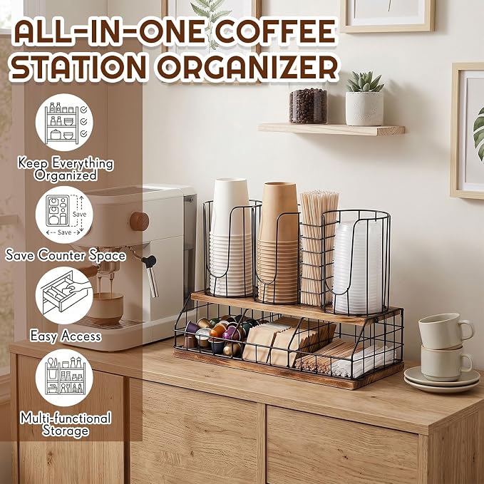 18oz Adjustable Coffee Cup Dispenser with Wooden Base, Cup and Lid Holder, Cups Holder Organizer for Coffee Pod Straw and Lid Storage(4-compartment Double,Color 5) - Image 5