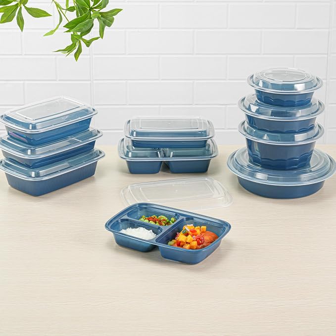 Asporto 26 Ounce Compartment Take Out Boxes, 100 Microwavable Meal Prep Containers - 3 Compartments, With Clear Plastic Lids, Midnight Blue Plastic Food Containers, Do Not Contain BPA - Restaurantware - Image 8