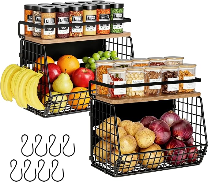 Fruit Basket 2 IN 1 Magnetic & Hanging Wall Produce Basket with Spice Rack for Potato and Onion Storage for Pantry,Kitchen Countertop and Fridge Organizer 2 PCS by Clothink