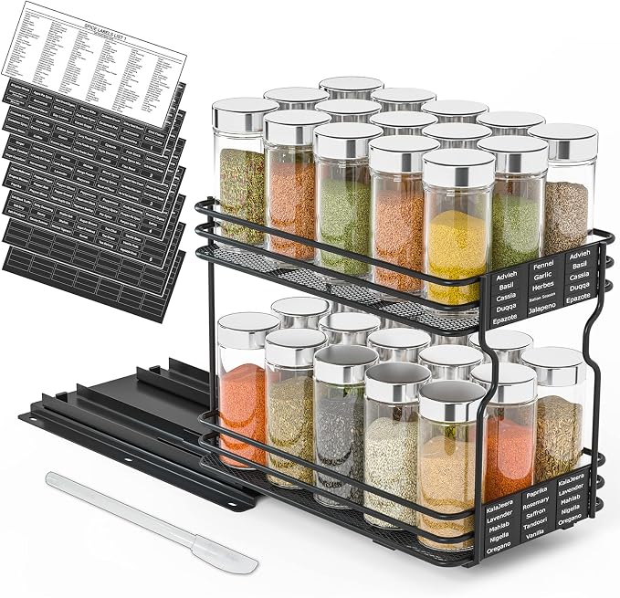 SpaceAid Pull Out Spice Rack Organizer for Cabinet, Heavy Duty Slide Out Seasoning Kitchen Organizer, Cabinet Organizer, with Labels and Chalk Marker, 6.5" W x10.75 D x8.5 H, 1 Drawer 2-Tier by SpaceAid