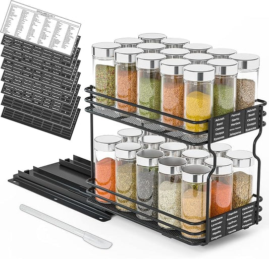 SpaceAid Pull Out Spice Rack Organizer for Cabinet, Heavy Duty Slide Out Seasoning Kitchen Organizer, Cabinet Organizer, with Labels and Chalk Marker, 6.5" W x10.75 D x8.5 H, 1 Drawer 2-Tier by SpaceAid