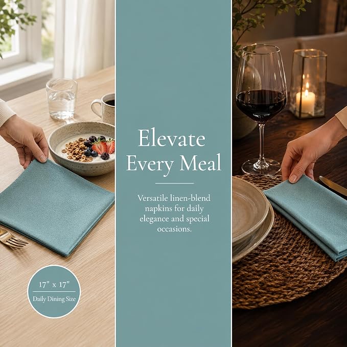 17x17 Solid Blue Linen Napkins Set of 12 Washable Party Decor | Hosting a summer party? This set of 12 washable blue linen napkins provides a refreshing, eco-friendly table setting. - Image 2