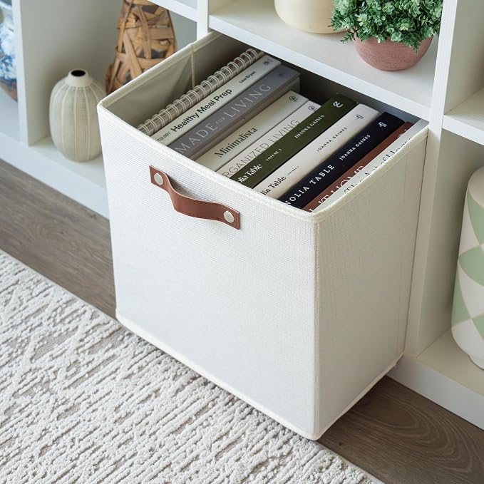 OrganiHaus 13x13 Cube Storage Bins, Set of 4 - Fabric Storage Cubes | Sturdy, holds its shape; odor-free; fits IKEA Kallax and Expedit; vegan leather handles - Image 5