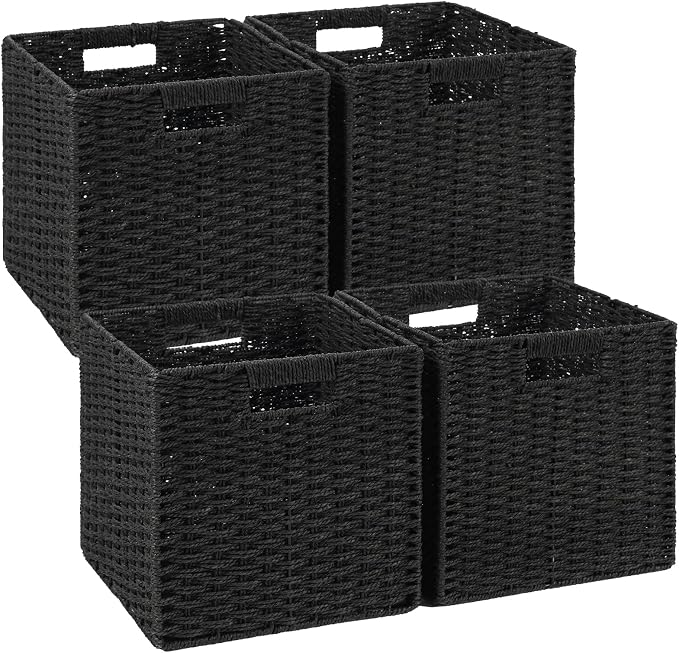 Patvingot 11-Inch Paper Rope Wicker Basket with Built-In Handles,4 Pack | For books, throws and accessories on open shelves, decorative woven texture, metal frame supports the shape, folds flat by Patvingot