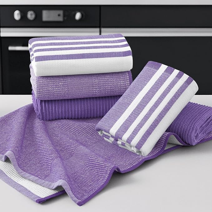 Homaxy Cotton 380 GSM Premium Kitchen Towels, 18"x 28", 6 Pack, Purple | Soft and Absorbent Terry Dish Towels, Multipurpose Tea Towel Set with Hanging Loop, 3 Styles Kitchen Hand Towels - Image 5