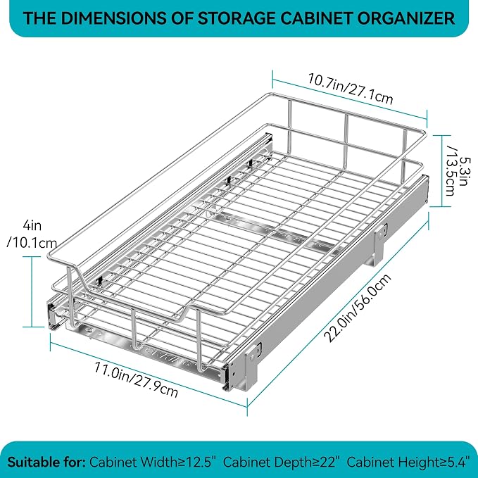 Pull Out Cabinet Organizer 11" W X 22" D, Chromed, Full Slide Out Drawers | For Kitchen Organizers and Storage, Pull Out Drawers For Cabinets Capacity Heavy Duty Caddy, Cabinet Shelves, Bathroom Pantry - Image 2