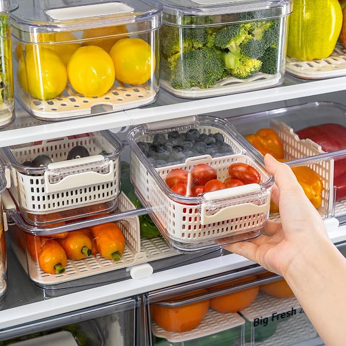 Felli Duo Fresh Produce Saver for Fridge, Fruit Vegetable Container with Vent & Drainage in Bottom for Wash, Colander Strainer Storage Bin for Refrigerator, Berry Lettuce Keeper - Image 9