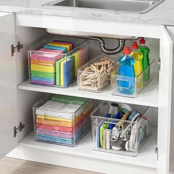 YKIOKE 8 Pack Clear Plastic Storage Bins with Handles, Stackable Organizer | BPA-Free, 4 Large & 4 Small Stackable Organizer Containers for Kitchen Cabinets, Countertops, Drinks, Fruits, Vegetables - Image 7