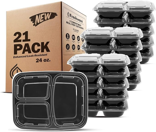 Freshware Meal Prep Containers [21 Pack] 3 Compartment with Lids, Food Storage Containers, Bento Box, Stackable, Microwave/Dishwasher/Freezer Safe (24 oz) by Freshware