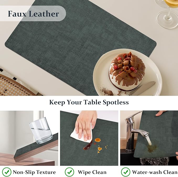 FROMHEART Faux Leather PU Placemats Set of 8 (Dark Green,11.8" x 17") | Waterproof,Heat/Oil Stain-Resistant Table Mat–Reversible,Non-Slip,Easy to Clean Place Mats for Kitchen,Dining,Indoor/Outdoor - Image 4