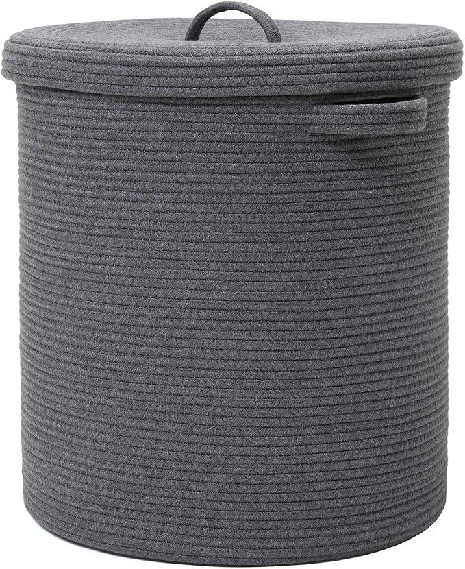 16x18 Inch Extra Large Round Cotton Rope Storage Basket with Lid, Decorative Woven Bin with Cover for Living Room Bedroom Closet, Dark Grey by Cottonphant