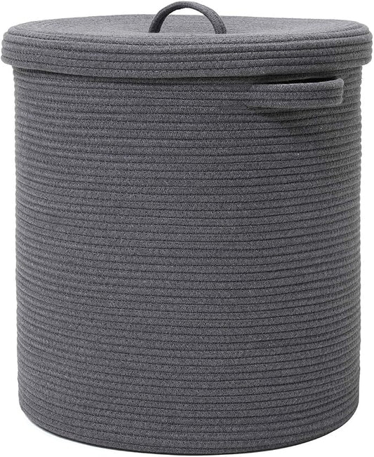 16x18 Inch Extra Large Round Cotton Rope Storage Basket with Lid, Decorative Woven Bin with Cover for Living Room Bedroom Closet, Dark Grey by Cottonphant