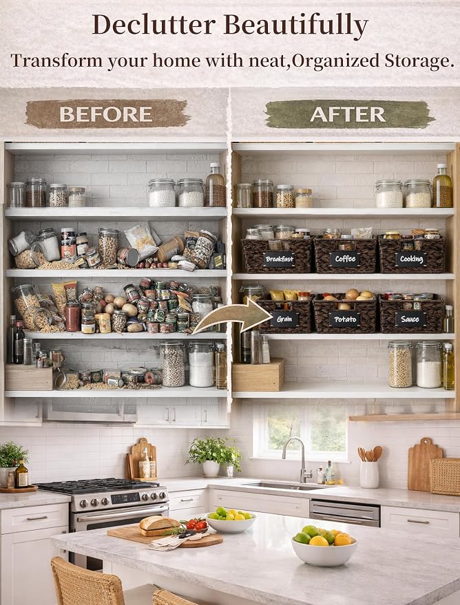 Pantry Baskets, 3 Pack Wicker Storage Baskets for Shelves, Brown | Water Hyacinth Baskets for Organizing, 3-Size Pantry Bins with Chalkboard and Marker for Shelf, Snack, Kitchen, Bathroom - Image 5