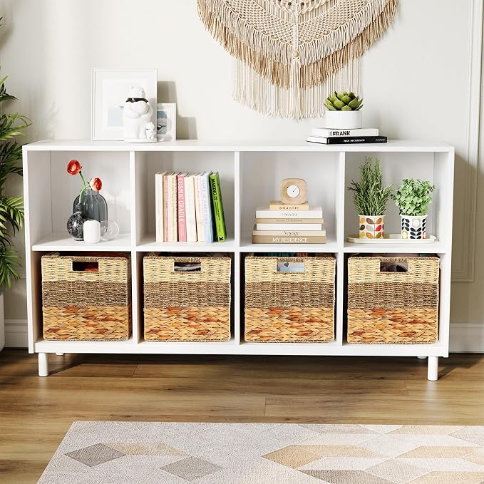 SpaceAid 4 Pack 3 Pattern Design Wicker Basket, Baskets for Organizing, Storage Rattan Basket with Handles for Shelves, Woven Cube Storage Bin Organizer, 12x12x12 inch, Natural - Image 4