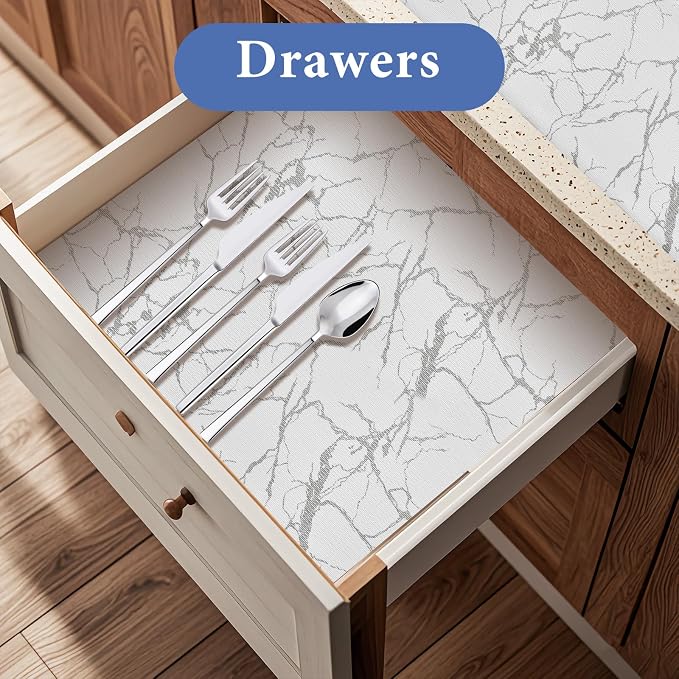 Drawer and Shelf Liner for Kitchen Cabinet: 23.6 in X 30 Ft Non Slip | Waterproof Shelf Paper Non Adhesive Refrigerator Liners Silver Marble Easy Liners for Bathroom with Knife Tape Measure - Image 2