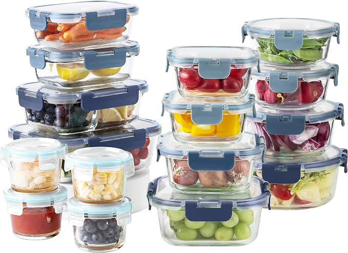 COOK WITH COLOR Premium 32-Pc. Borosilicate Glass Food Container Set with Dividers - 4 Rectangles, 8 Rounds, 4 Squares - Leakproof Lids - Meal Prep, Storage, Ombre Blue - Image 7