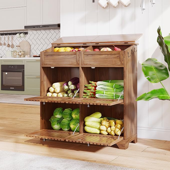 Potato Storage Bins, Fruit and Vegetable Storage, Kitchen Pantry Cabinet | Tall Large Potato and Onion Storage Bin, with 4 Doors, 3 Tier, Mid Century Modern, Wooden, Magnetic Flip top, Walnut - Image 4