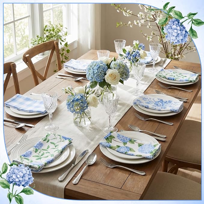 24 Pcs Floral Cloth Napkins 6 Patterns Washable Dinner Tea Party Napkins Reusable Plant Flowers Square Napkin Cotton Towel Decorative for Summer Wildflower Party(Blue Hydrangea) - Image 5