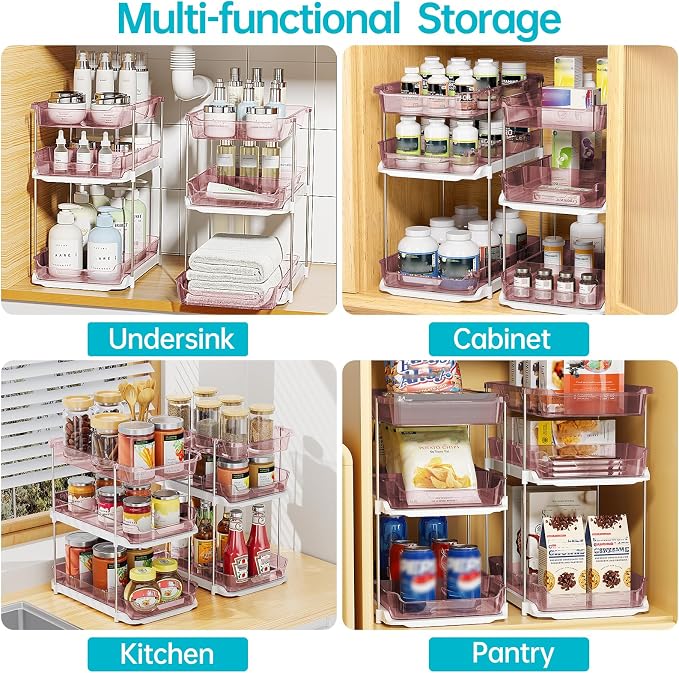 Delamu 2 Pack 3-Tier Bathroom Under Sink Organizers and Storage, Multi-Purpose Stackable Pantry Organization and Storage, Pull Out Clear Kitchen Bathroom Cabinet Organizer with Movable Dividers, Pink - Image 9