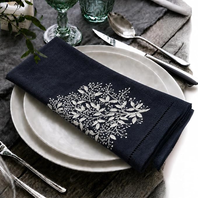 Cloth Napkins Set of 4, 20x20 inch, 100% Linen Hand Embroidered French Knot, Reusable & Machine Washable, Elegant Table Napkins for Dinner, Weddings, Parties (Navy) - Image 4