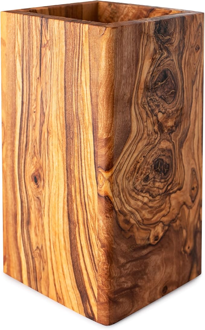 Olive Wood Large Utensil Holder - 6 x 4 Wooden Kitchenware Organizer - Rustic Utensil Holder - Handmade Spoons Holder for Countertop - Cooking Utensil Crock - Kitchen Tool & Accessories by ForestDecor