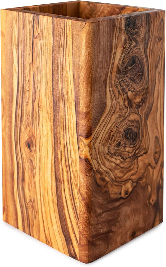 Olive Wood Large Utensil Holder - 6 x 4 Wooden Kitchenware Organizer - Rustic Utensil Holder - Handmade Spoons Holder for Countertop - Cooking Utensil Crock - Kitchen Tool & Accessories by ForestDecor