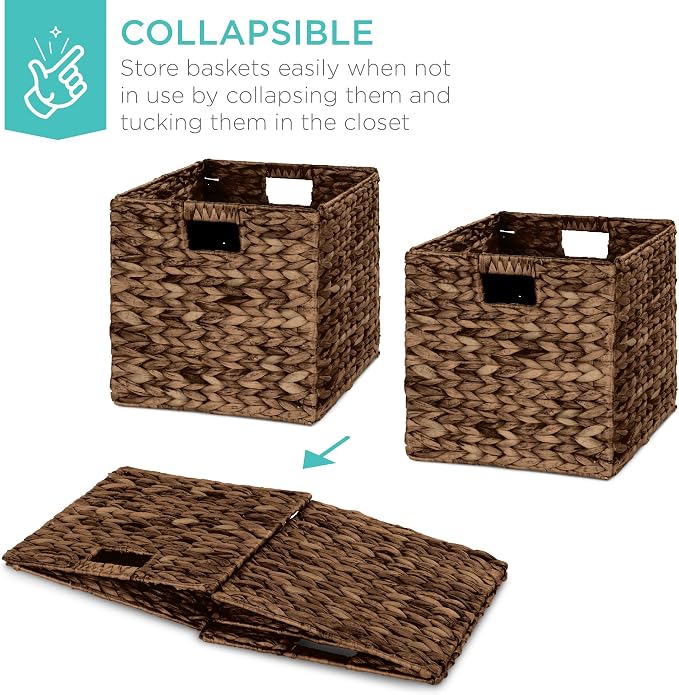 Best Choice Products 10.5x10.5in Pack of 5 Cube Storage Baskets, Water Hyacinth Multipurpose Collapsible Organizers, Handwoven Laundry Totes for Laundry, Living Room, Kids Room & Nursery - Brown - Image 3