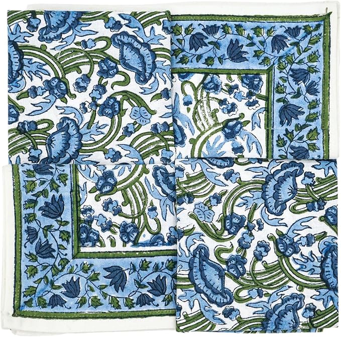 Handblock Print 100% Cotton Napkins Set of 4, Green Blue Washable and Durable Everyday Use Cloth Napkins for Picnic Party Dining Kitchen Home Decor Christmas Gifting 16 X 16 Inches - Image 5