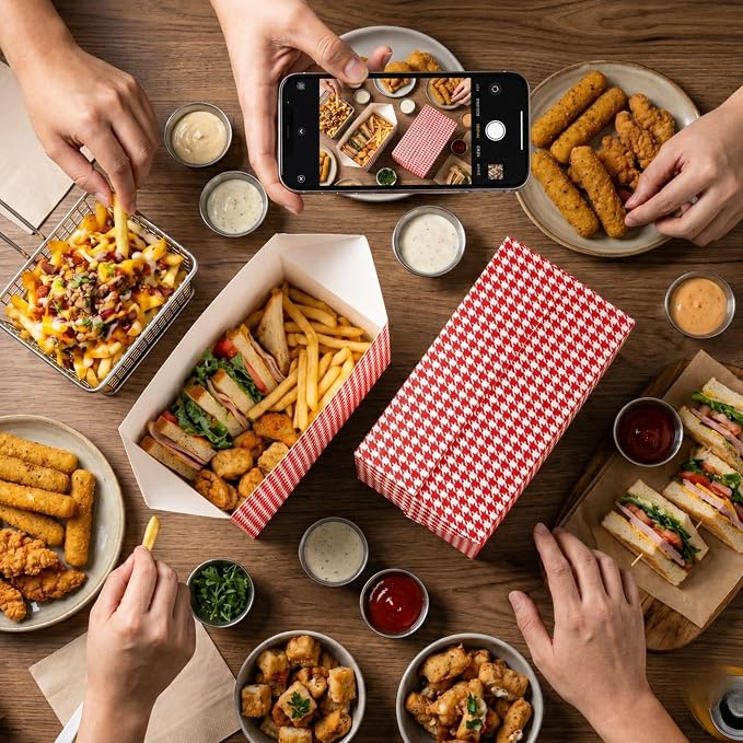 Restaurantware Bio Tek 80 Ounce To Go Boxes 400 Rectangle Take Out Food Containers - Fast Top Closure Disposable Red Houndstooth Paper Carry Out Containers For Burgers Or Fried Chicken - Image 4