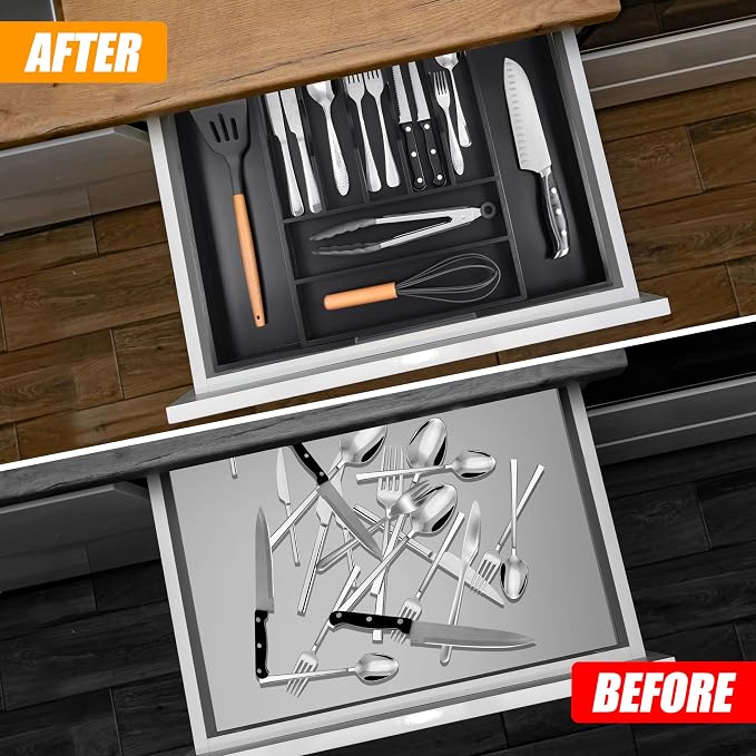 Large Premium Bamboo Silverware Organizer - Expandable Utensil Drawer Organizer - 17"x19.6" Utensil Holder and Cutlery Tray with Grooved for Kitchen Flatware and Utensils(7-9 Slot, Black) - Image 3