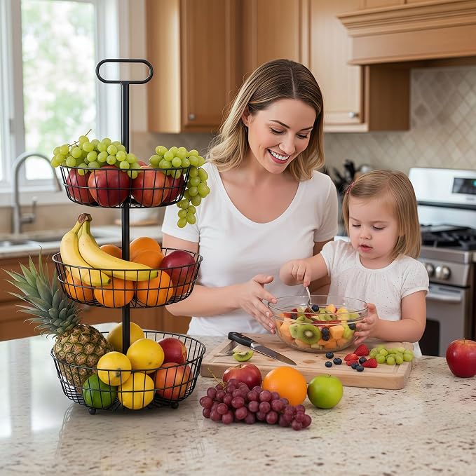 HOSY 3-Tier Metal Round Standing Fruit Basket with Handle, Vegetables Stand | Black, Metal Material, 28.5" Height, 13.5" Diameter, Tool-Free Assembly, for Kitchen Countertop, Dining Table, Party Buffet - Image 4