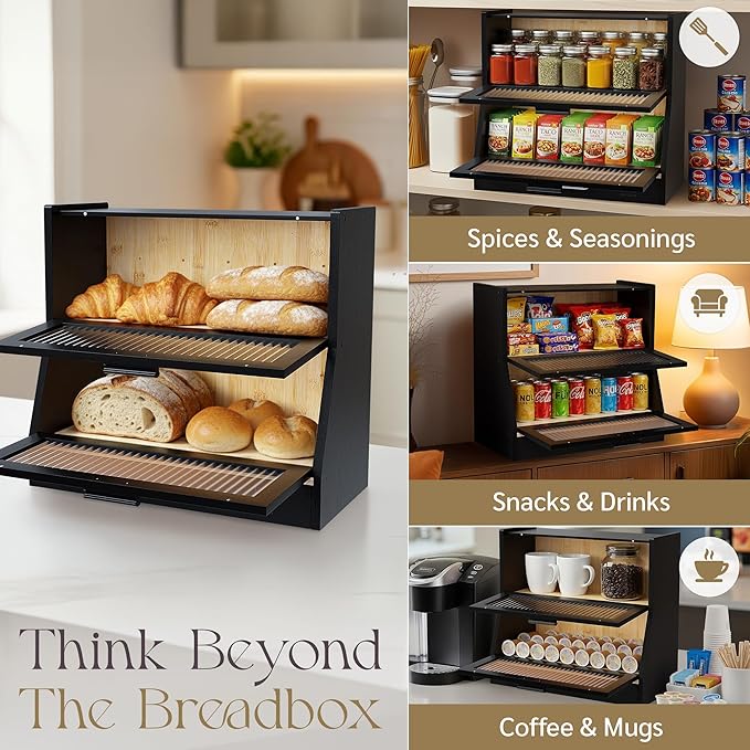 Bread Box for Kitchen Countertop - Bamboo Wood Breadbox with Knife Storage, Ventilation Holes - Farmhouse Loaf Organizer, Versatile 2 Layer Bread Storage Container for Snacks Mugs Spices - Image 6