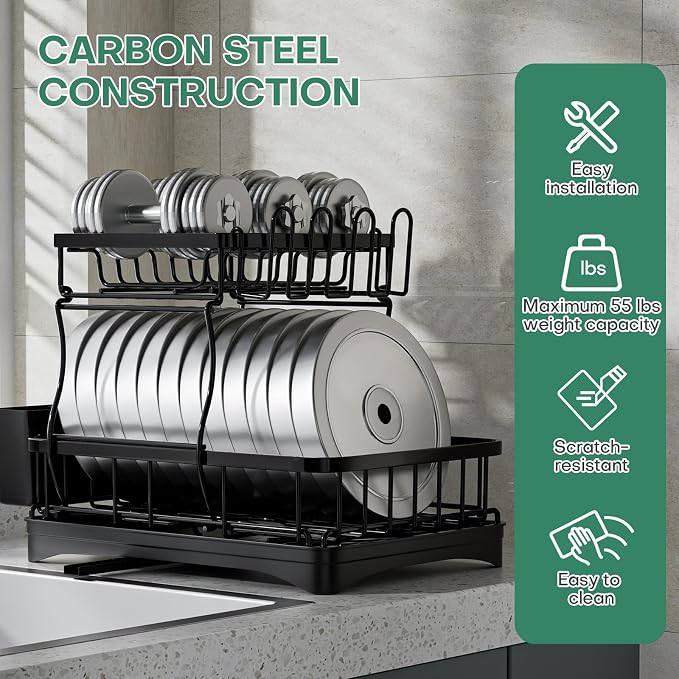 2 Tier Dish Rack, Carbon Steel Dish Drying Rack for Kitchen Organization & Storage, Countertop / Sink Dish Rack with Automatic Drain Tray, Large Capacity Black Dish Rack - Essential Home Kitchen Item - Image 3