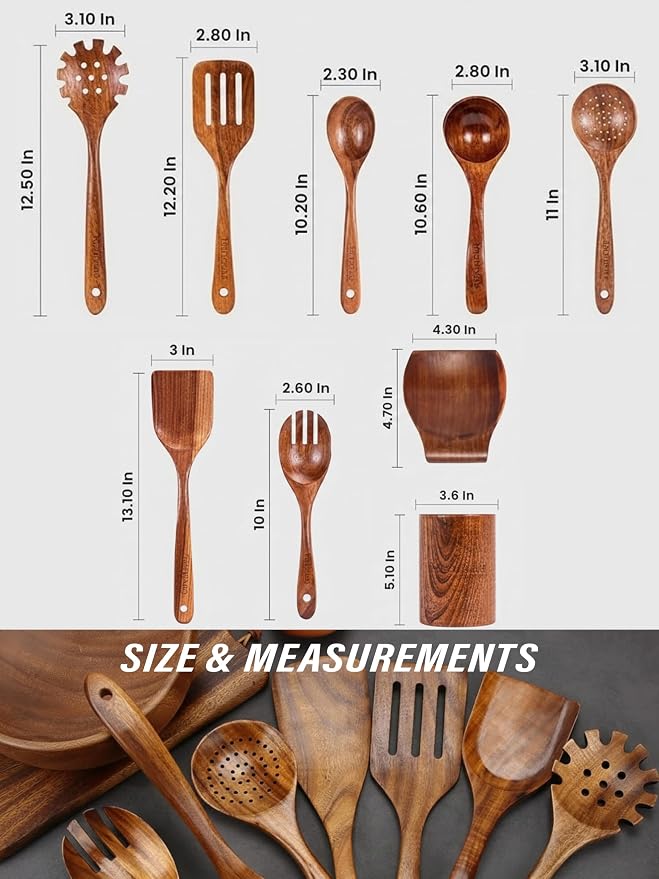 Kitchen Utensils Set, 9 Piece Teak Wooden Utensil Set for Cooking, Premium Teak Cooking Utensils, Non Toxic Wooden Spoons & Spatulas, Heat Resistant Kitchen Tools for Nonstick Cookware - Image 4