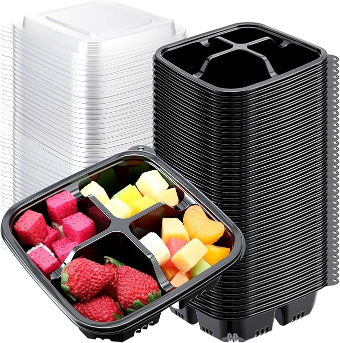 100 Pack 4-compartment Bento Snack Boxes with Lids Divided Lunch Containers for Travel School Camping Outdoor Home (Black) by Yiyiring
