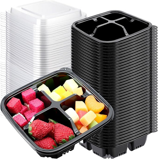 100 Pack 4-compartment Bento Snack Boxes with Lids Divided Lunch Containers for Travel School Camping Outdoor Home (Black) by Yiyiring