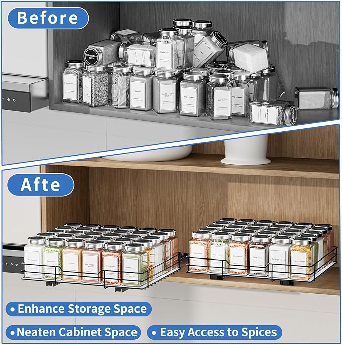 BOIVSHI Spice Rack Organizer for Cabinet, 1 Tier Pull Out Spice Rack, Spice Organizer for Cabinet, Kitchen and Pantry, Fits Spices, Sauces, Canned Food (12.5''Wx10.5''Dx2.5''H) - Image 5