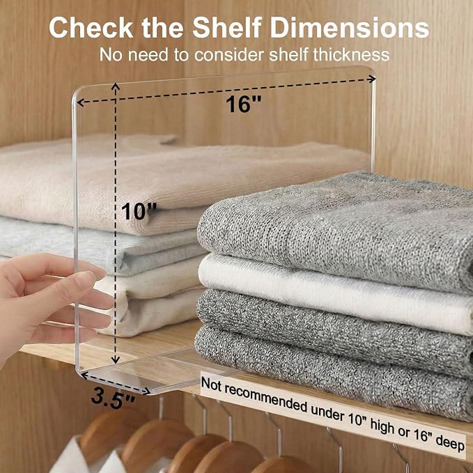SortNStore Shelf Dividers Closet Organization: 10" Tall x 16" Deep (Deeper) | Acrylic Handbag Organizer - Deeper Cabinets Separator for Towels, Handbags, Seasonal Clothing Storage 8-Pack - Image 2