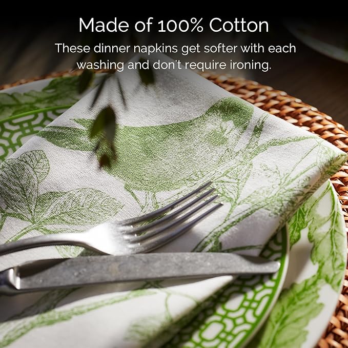 Arbor Birds Green Dinner Napkins Set of 4 | 100% Cotton Cloth Set for Entertaining or Everyday Table | for Wedding, Birthday, Christmas Green and White, 22 Inch Square - Image 4